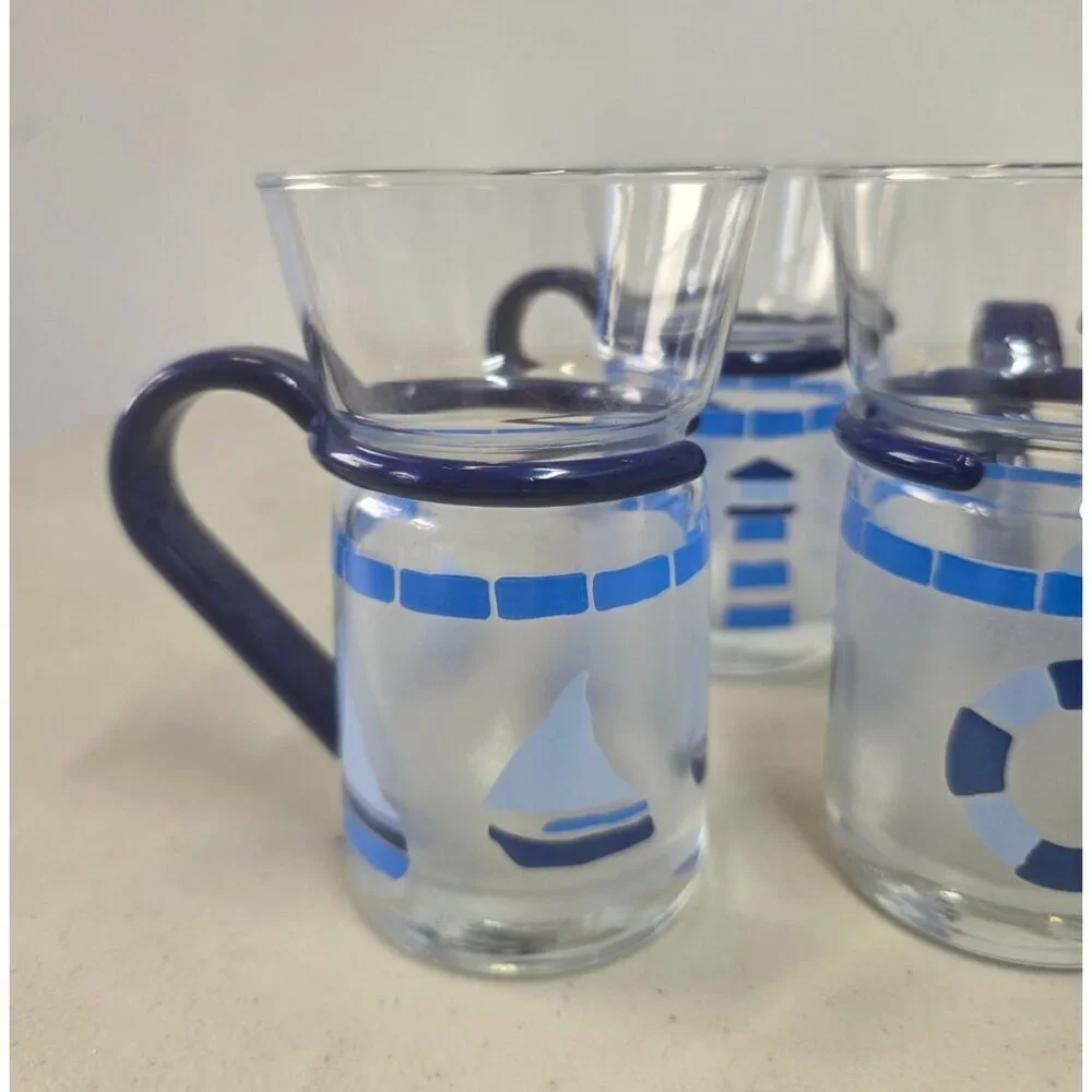 Inspiration Glass Mugs Set of 5 Blue Nautical 10oz Cap Removable Handles VTG Y2K